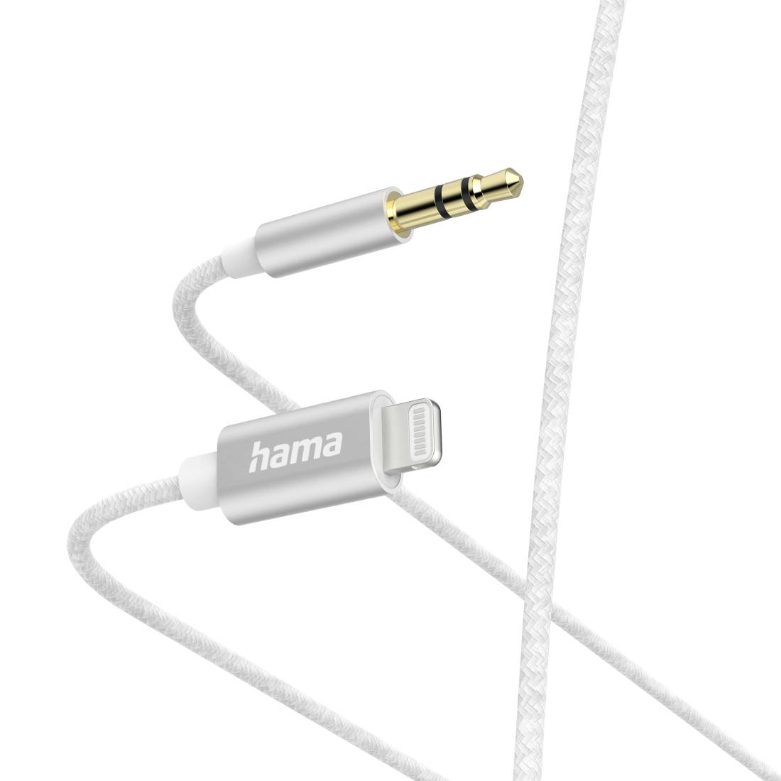 Weißes Audiokabel mit 3,5-mm-Kopfhörerbuchse und Lightning-Stecker, gekennzeichnet mit „hama