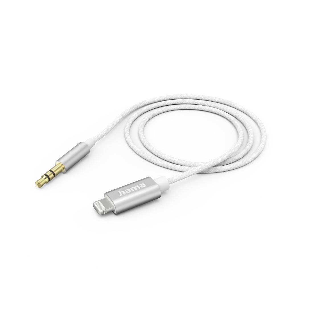 Weißes Audioadapterkabel mit 3,5-mm-Stecker auf der einen Seite und Lightning-Anschluss auf der anderen Seite, Marke Hama.