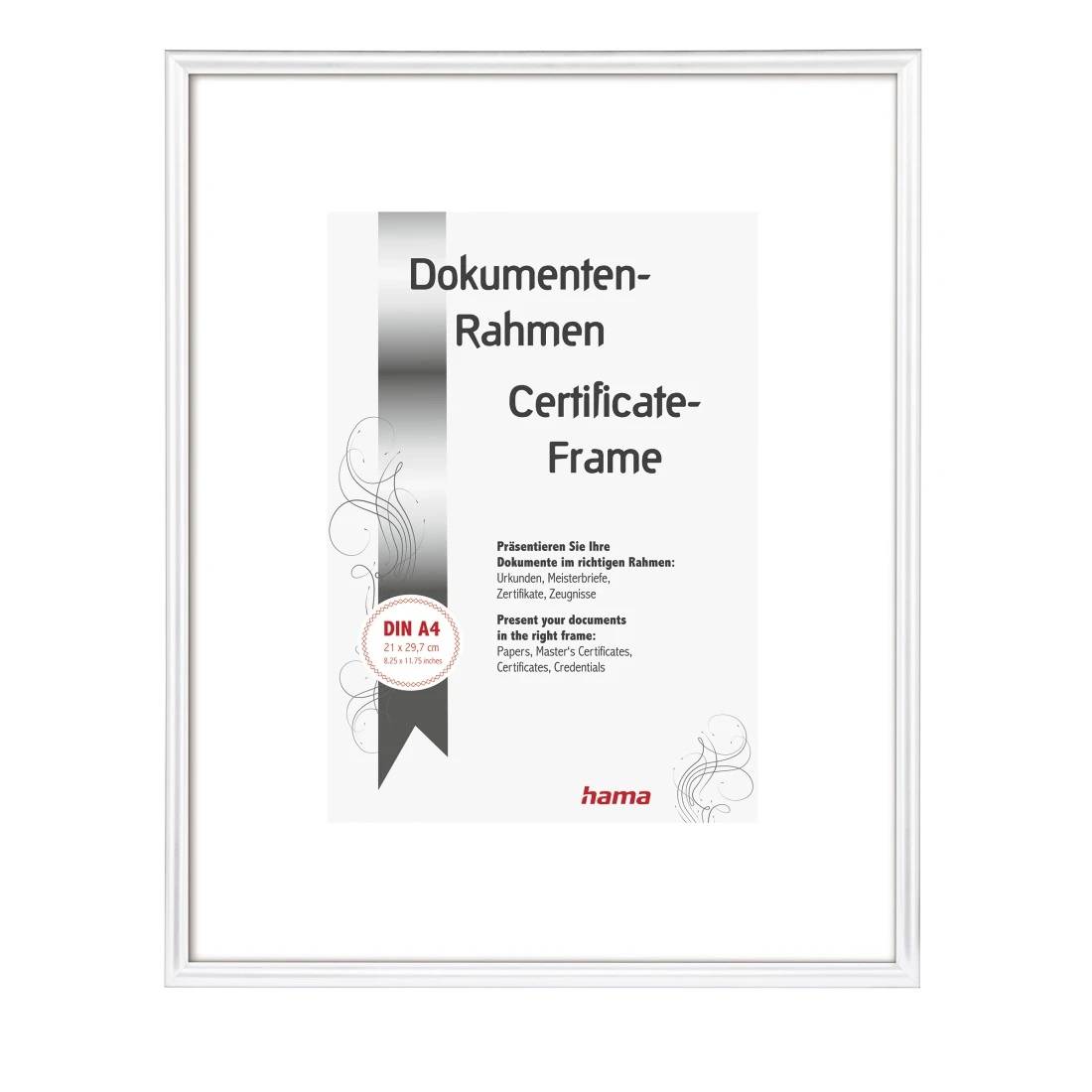 Weißer Dokumentenrahmen für A4-Zertifikate, gezeigt mit Produktverpackung in einem silbernen Rahmen.