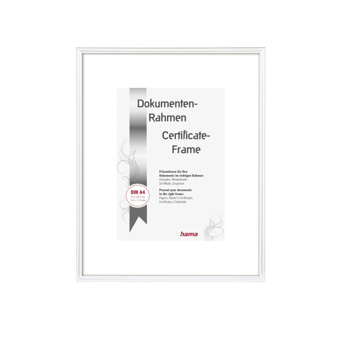 Weißer Dokumentenrahmen mit Produktetikett „Dokumenten-Rahmen / Certificate-Frame