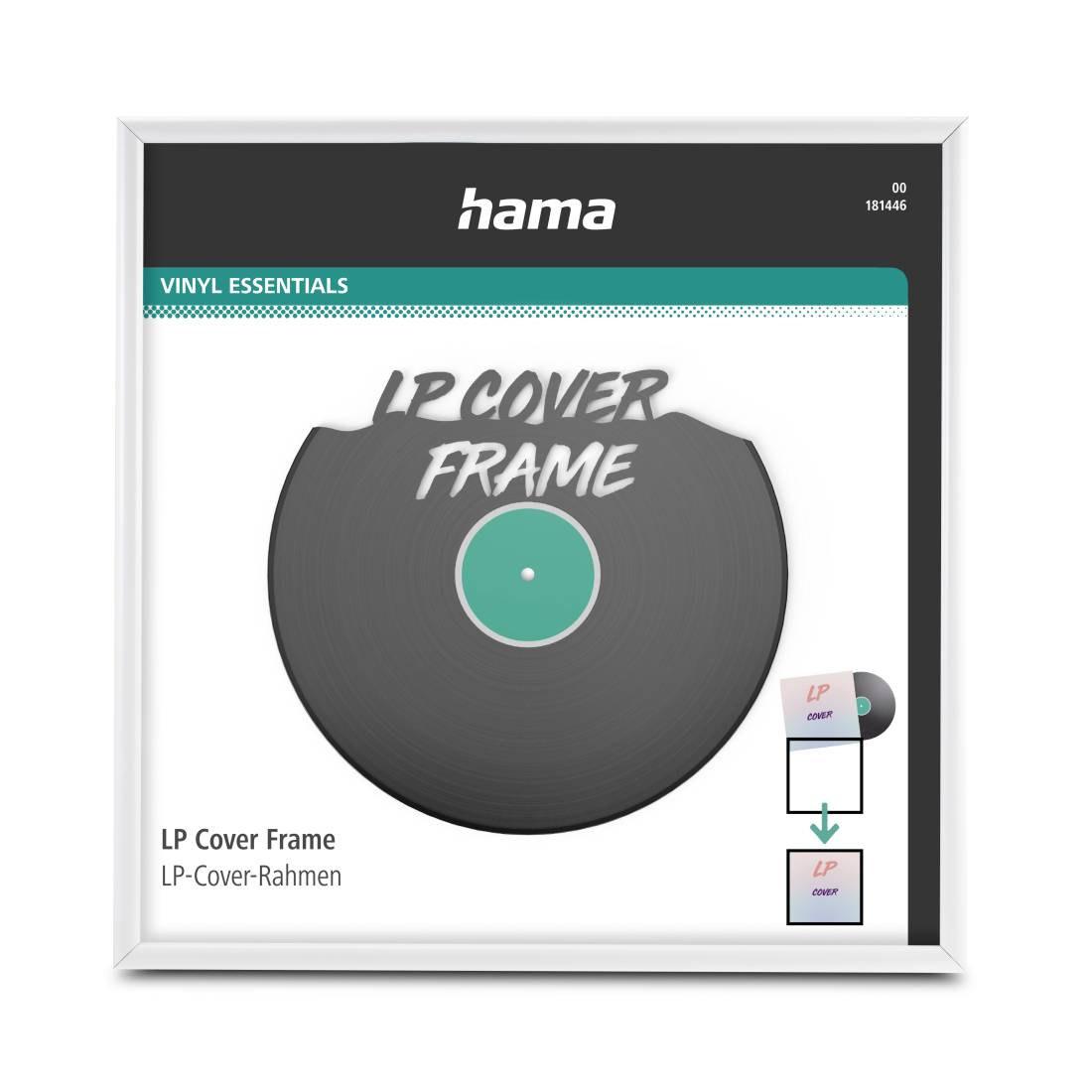 Produktverpackung für einen Hama-Schallplatten-LP-Coverrahmen, ein plattenförmiger Anzeigerahmen für LP-Albumcover.