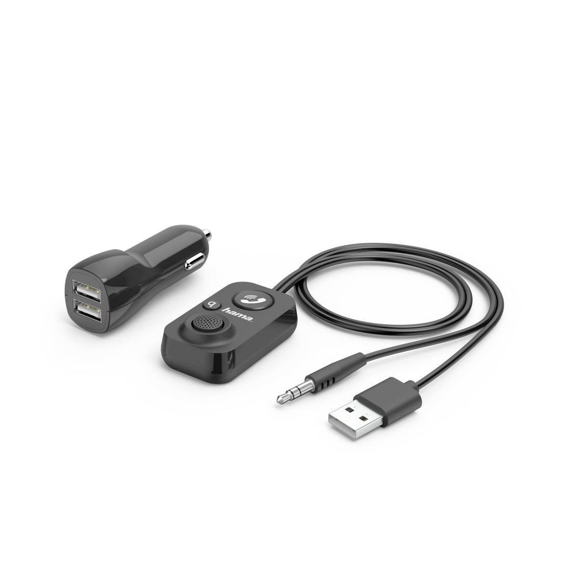 Schwarzer Bluetooth-Autoadapter mit USB und 3,5-mm-Audiokabel, gezeigt mit einem USB-Autolader auf weißem Hintergrund.
