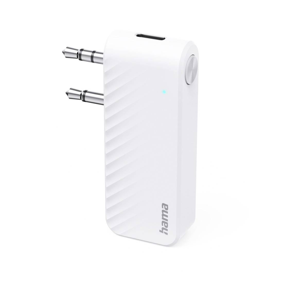 Weißer Stecker-Audio-Bluetooth-Empfänger mit zwei 3,5-mm-Buchsen, einer Ein-/Ausschalttaste und 