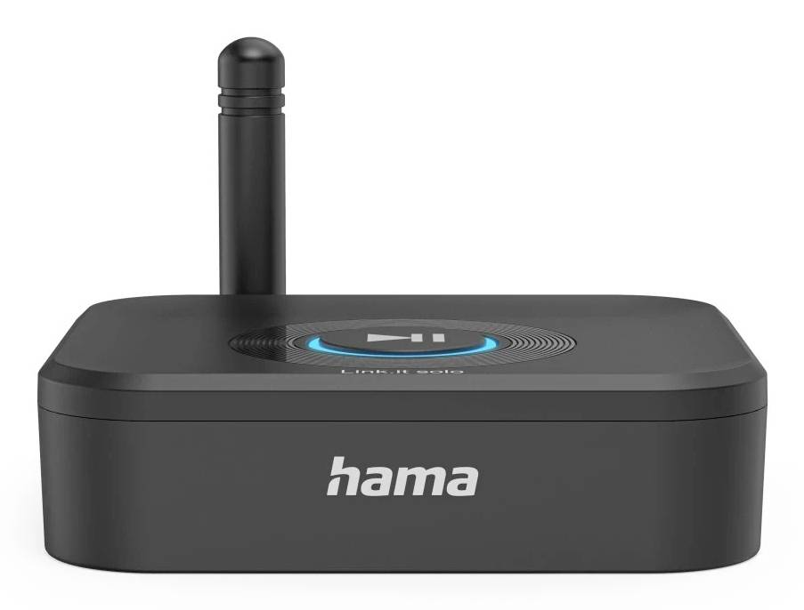 Schwarzer Hama Wireless Speaker mit kurzer Antenne und rundem Steuerknopf auf der Oberseite vor weißem Hintergrund.