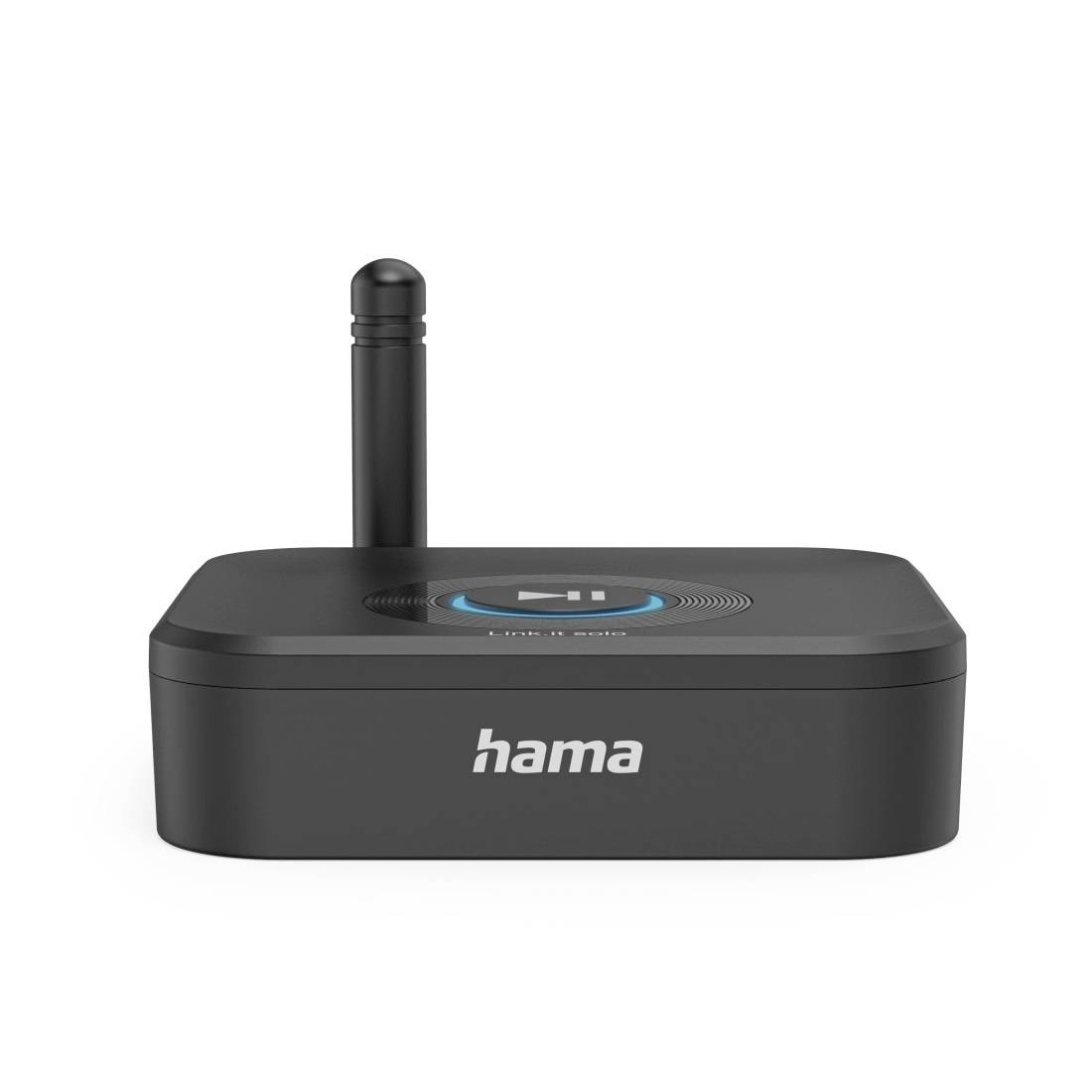 Black Hama Wireless-Empfängerbox mit einer einzelnen aufrechten Antenne und Touchbedienelementen oben, dargestellt auf weißem Hintergrund.