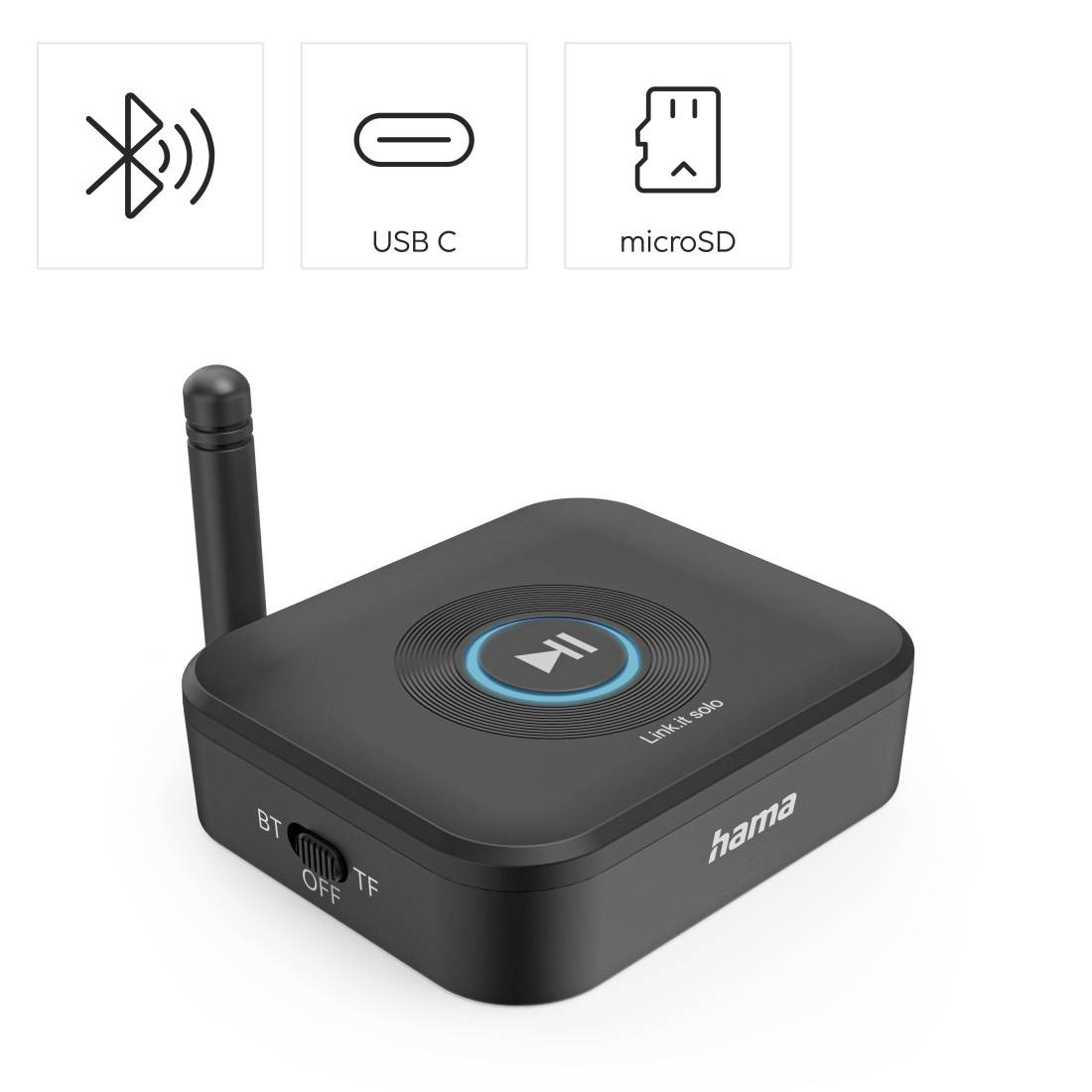 Tragbarer Hama Bluetooth-Audioempfänger mit Antenne, Bluetooth-, USB-C- und microSD-Symbolen sowie BT/OFF/TF-Schalter.