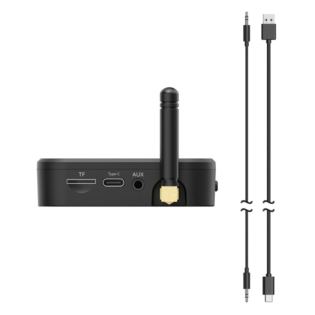 Schwarzer kabelloses Audio-Adapter mit Antenne, zeigt TF-Kartenschlitz, USB-Type-C- und AUX-Anschlüsse sowie mitgelieferte USB- und 3,5-mm-Kabel.