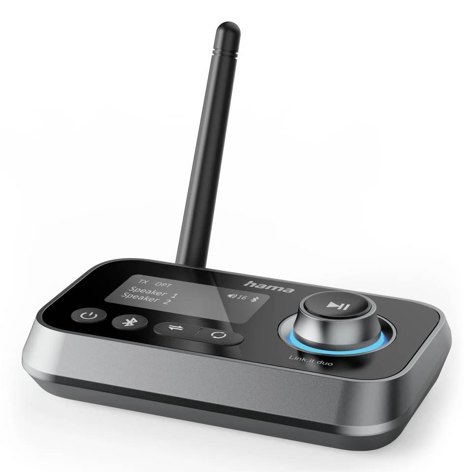 Kabelloses Audio-Sender-/Empfängergerät mit Antenne, Display, Stromversorgung und Bluetooth-Steuerelementen sowie großem Lautstärkeregler