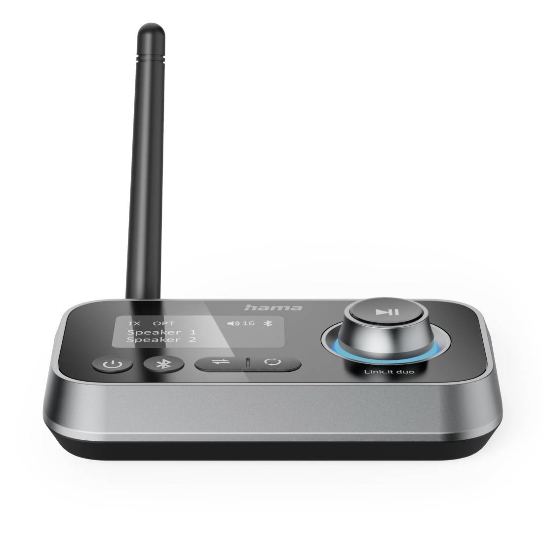 Hama kabelloses Freisprechgerät mit Antenne, Display, Power- und Bluetooth-Tasten sowie großem Lautstärke-/Anrufkontrollrad.