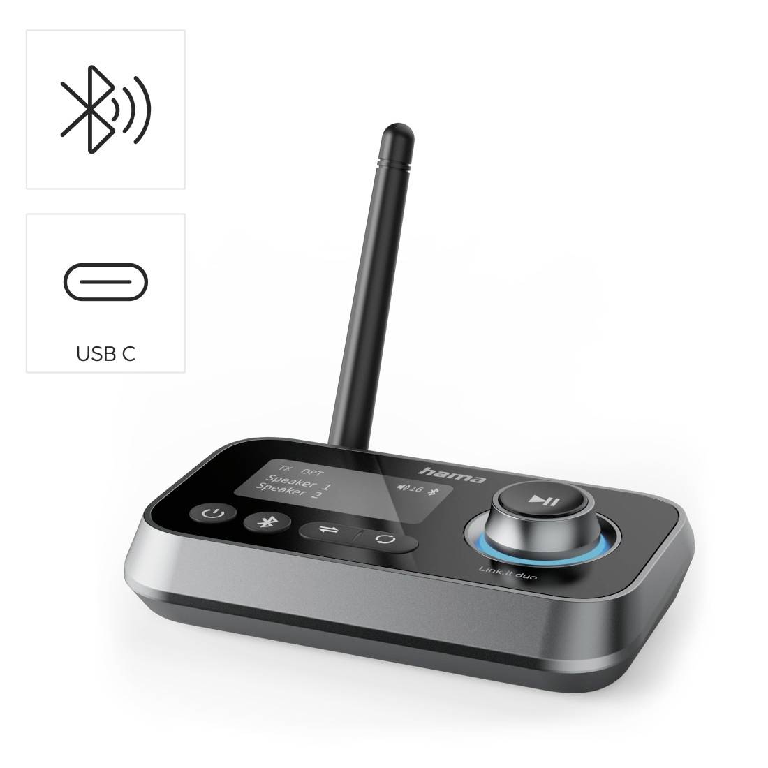 Kabelloses Bluetooth- und USB-C-Audio-Empfänger-/Sendegerät mit Antenne, Display und Steuerrad auf kompakter Basis.