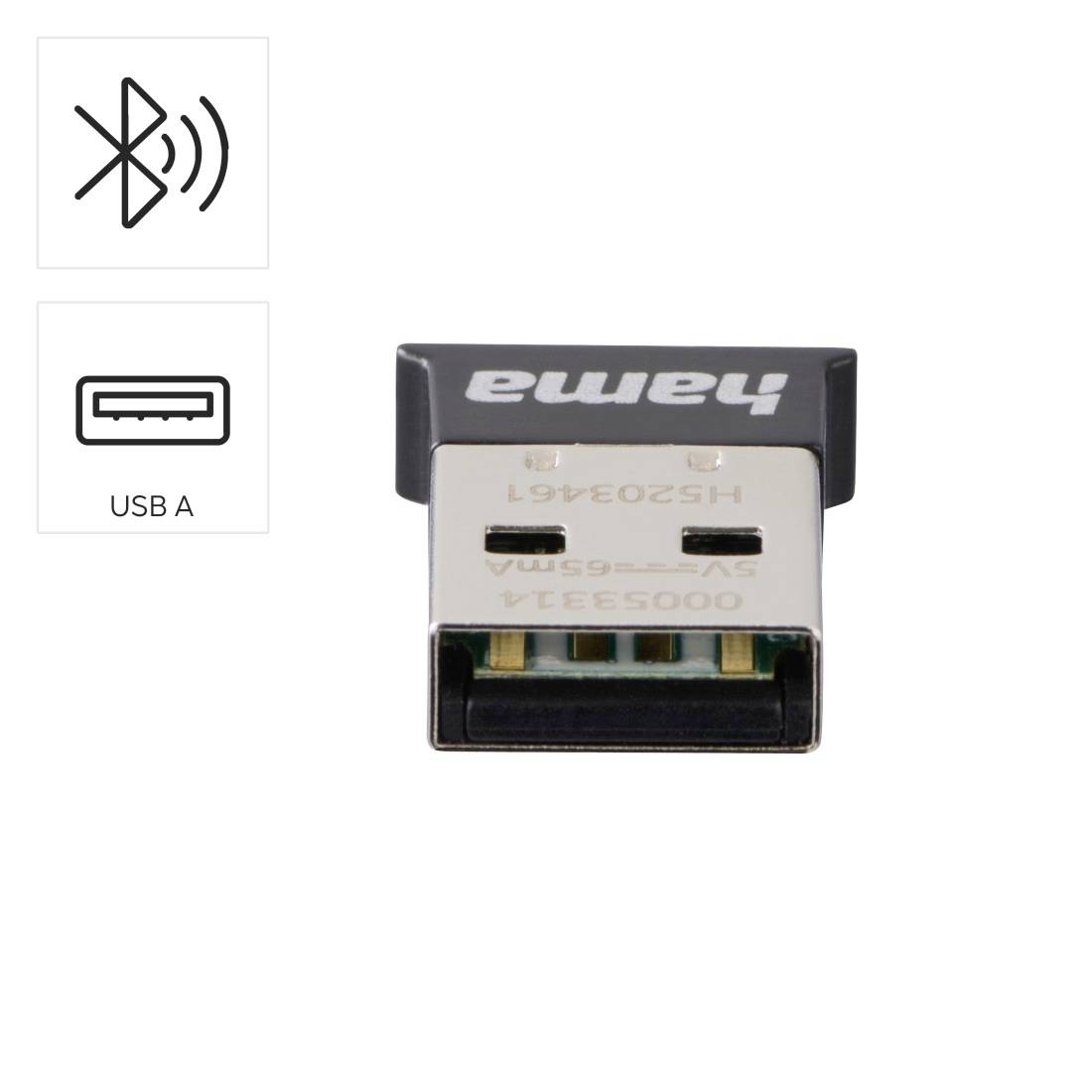 Bluetooth USB A Adapter Dongle mit Bluetooth- und USB A-Symbolen