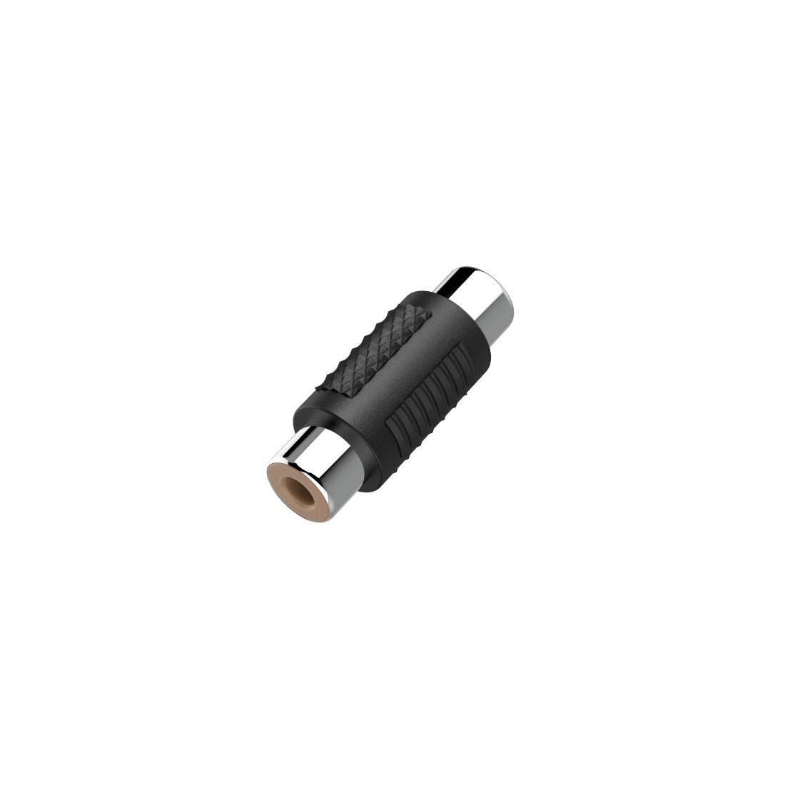 Schwarzer Audioadapter mit verchromten Enden, auf einem einfachen weißen Hintergrund gezeigt.