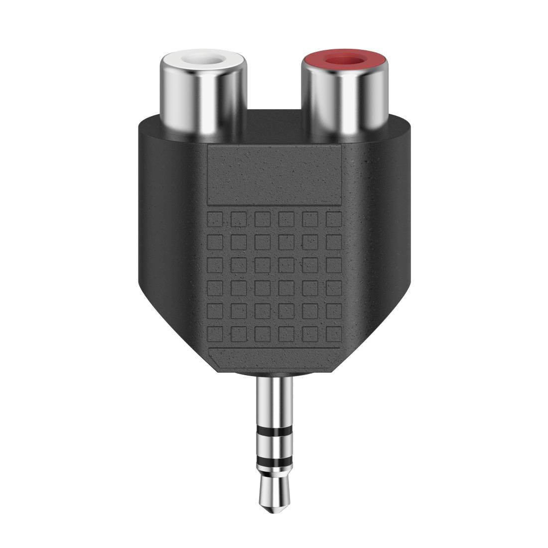 Schwarzer Audioadapter mit zwei weiblichen RCA-Buchsen und einem 3,5-mm-Stecker zum Verbinden von RCA-Audio mit einer Kopfhörerbuchse.