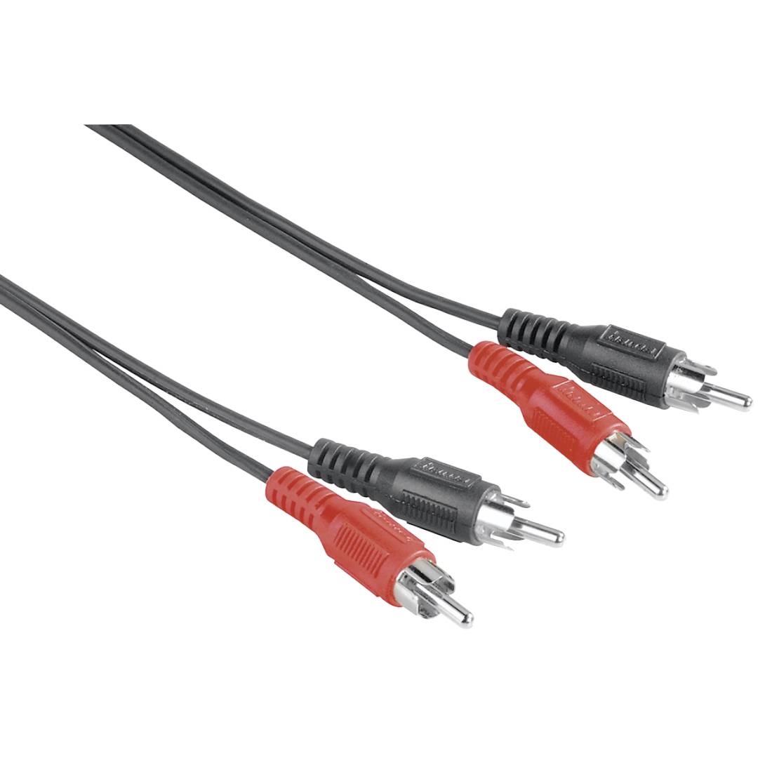 Zwei Paare roter und schwarzer RCA-Audiokabel mit Metallsteckern auf weißem Hintergrund.