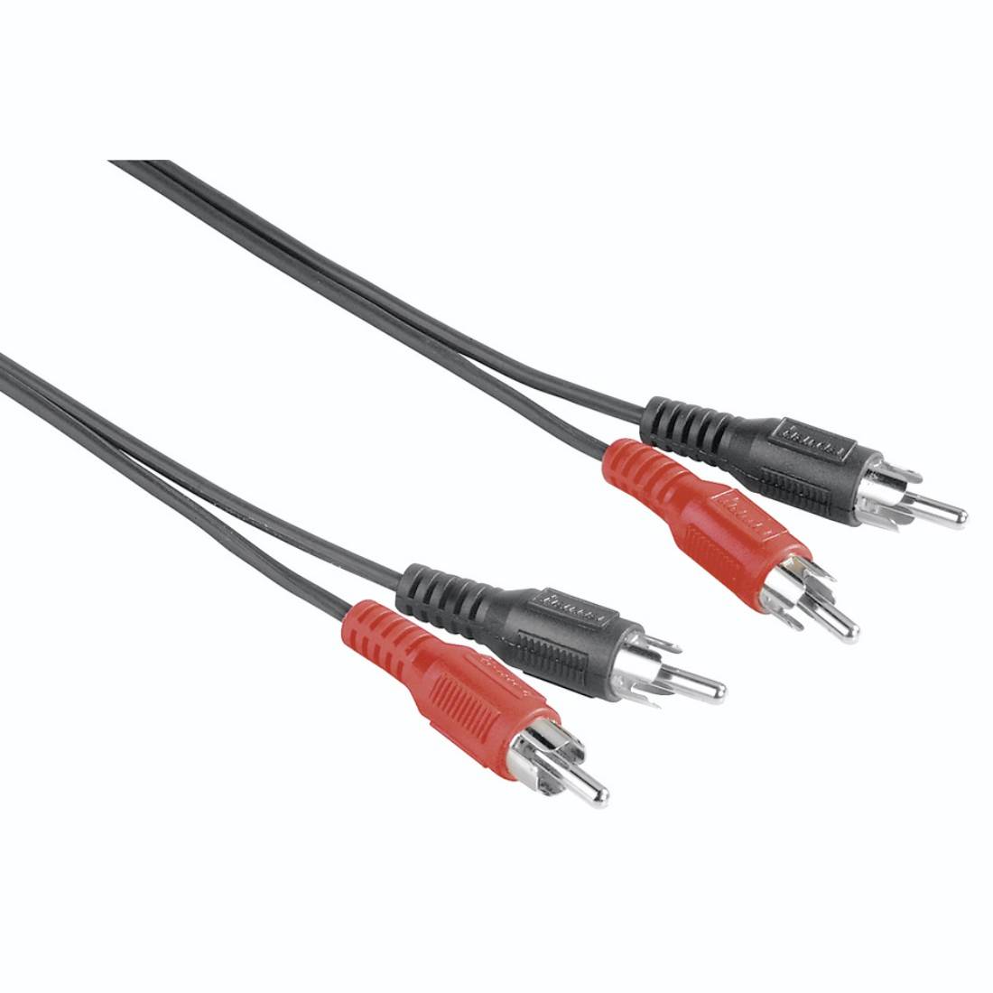 Zwei Paare RCA-Audiokabel mit roten und schwarzen Steckverbindern auf weißem Hintergrund.