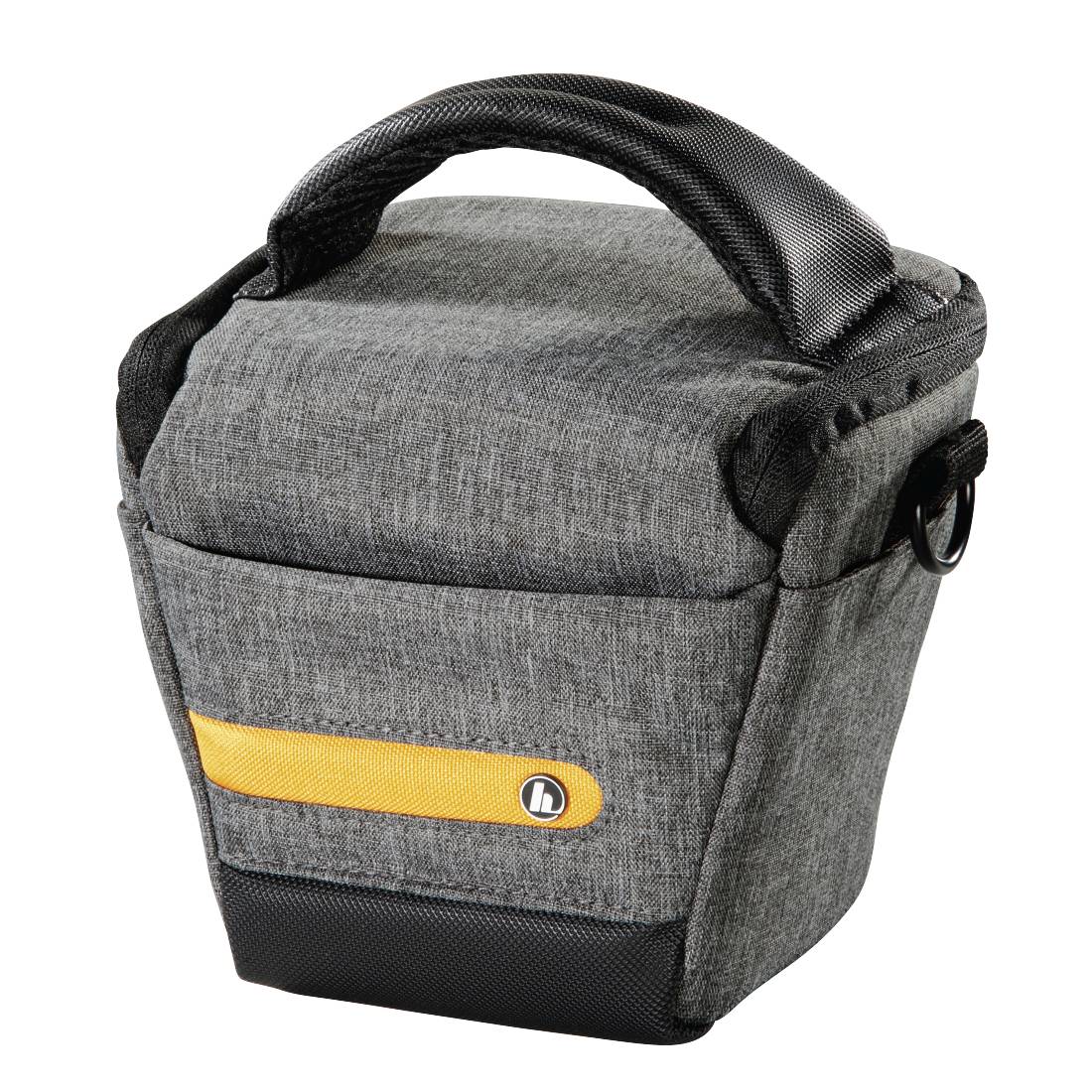 Graue isolierte Lunchbox mit schwarzem Griff und gelbem Vorderriemen, vor weißem Hintergrund dargestellt.