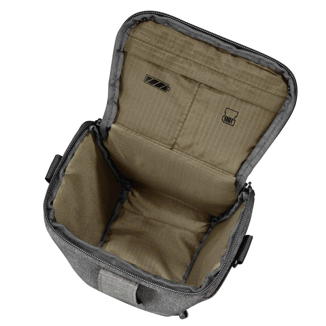 Offener grauer isolierter Transportkoffer mit beige gepolstertem Innenraum, leer und unverschlossen auf weißem Hintergrund gezeigt.