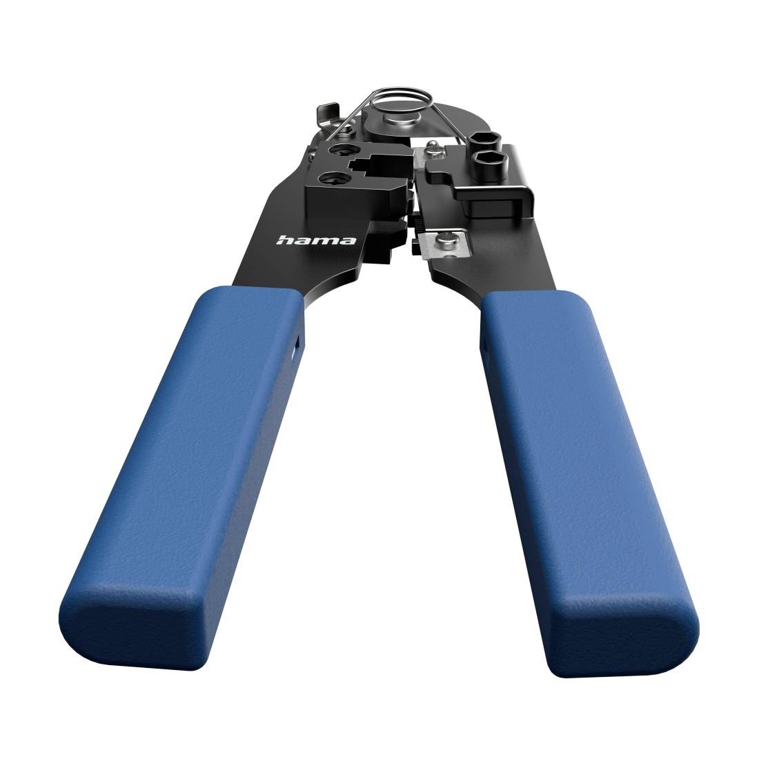 Blau gehandhabtes Hama-Drahtklemm-Werkzeug mit schwarzen Metallbacken auf weißem Hintergrund.