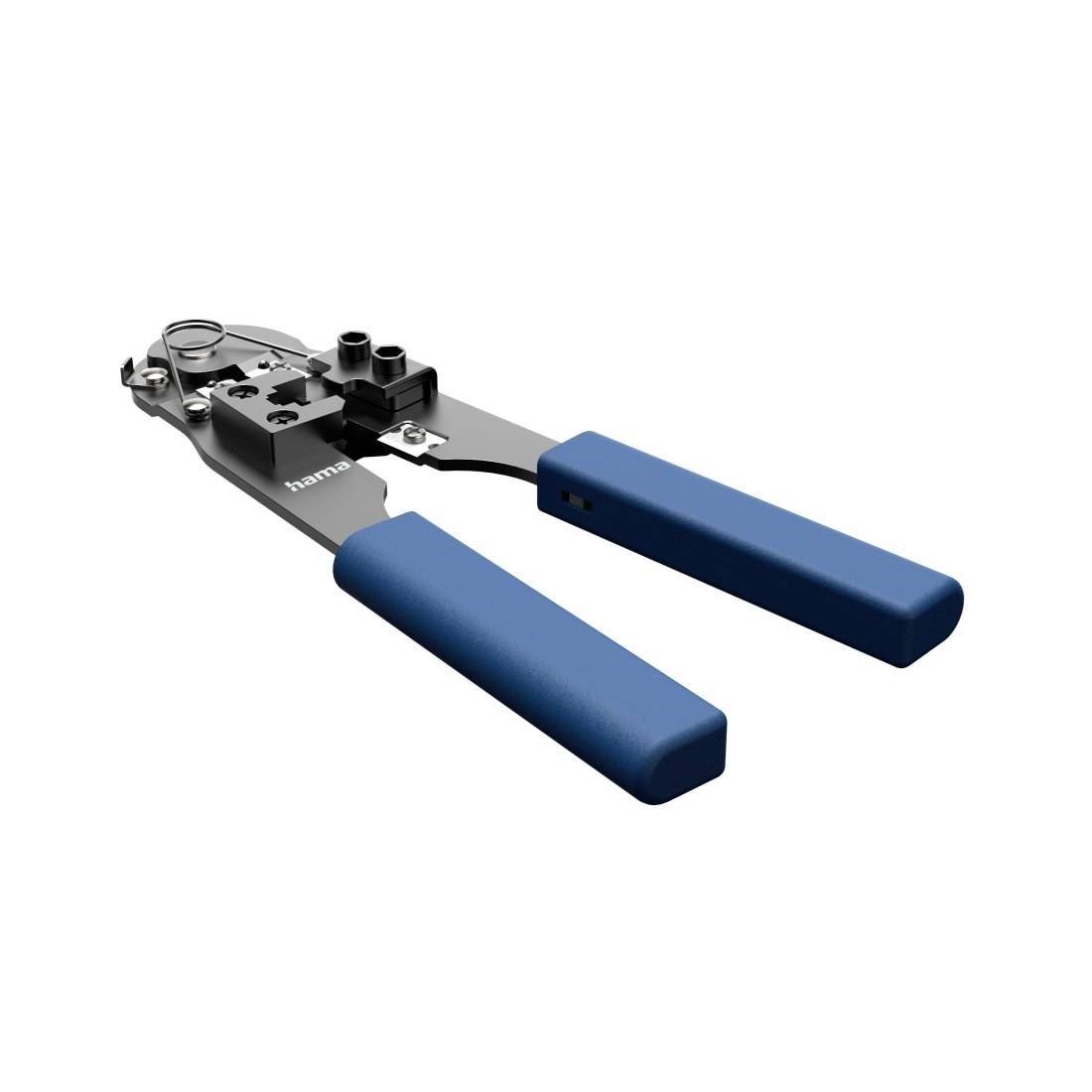 Crimpwerkzeug mit blauem Griff, schwarzen Metallbacken und verstellbarem Kopf, auf weißem Hintergrund dargestellt.
