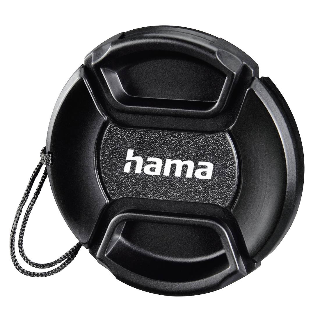 Schwarze Hama Kameraobjektivkappe mit Handgelenkschlaufe, Vorderansicht auf weißem Hintergrund.