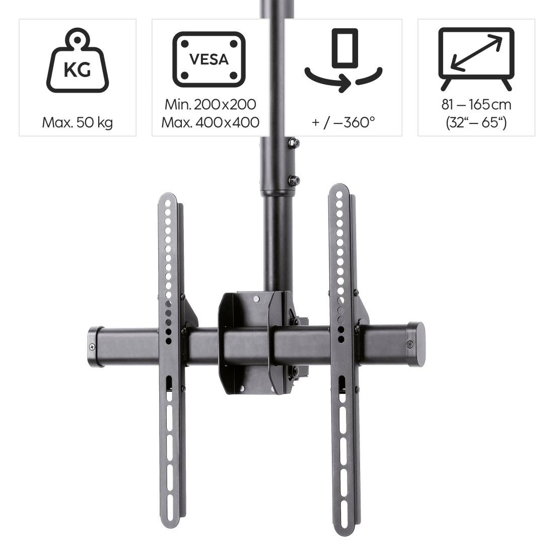 Deckenmontagefernsehhalterung mit doppelten vertikalen Schienen; Symbole zeigen maximal 50 kg, VESA 200x200 bis 400x400, 360°-Rotation und Bildschirmgröße von 81-165 cm.