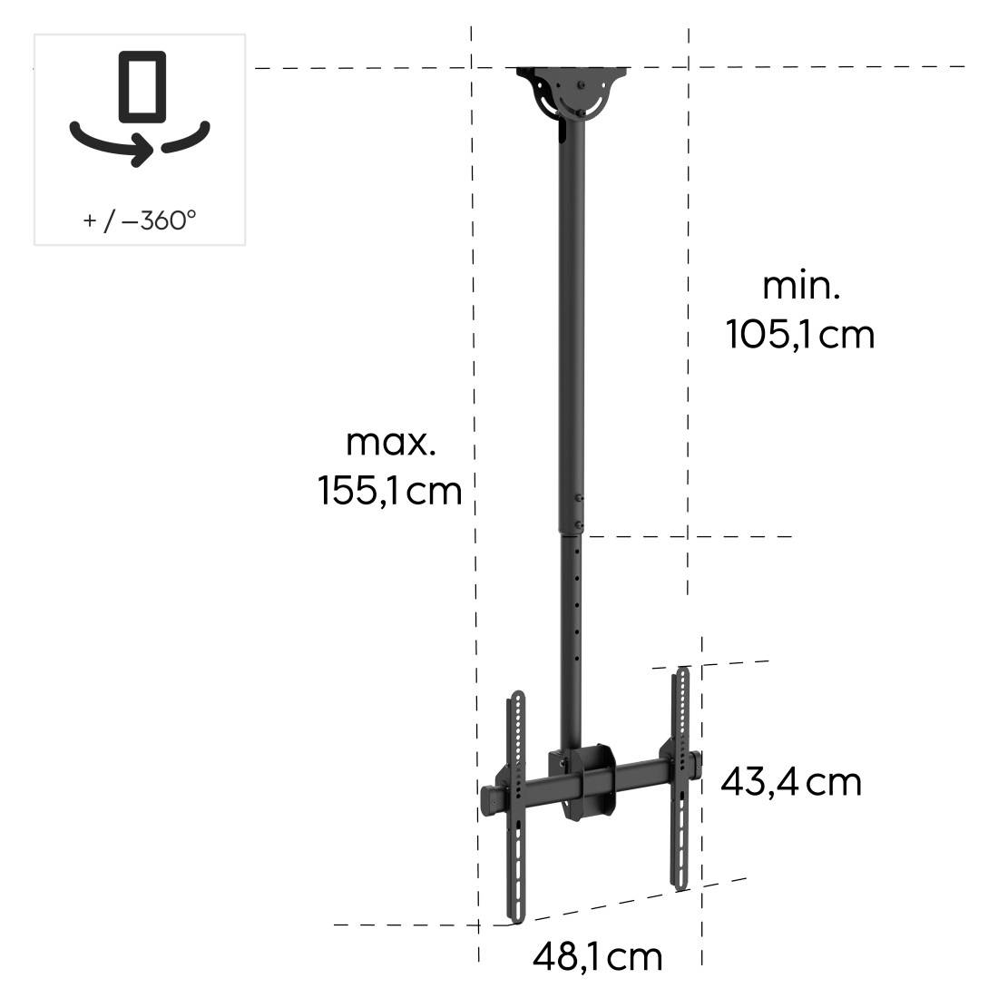 Diagramm einer verstellbaren TV-Deckenhalterung mit 360°-Drehgelenk; Höhenbereich 105,1–155,1 cm, Halterungsbreite 48,1 cm, VESA 43,4 cm.
