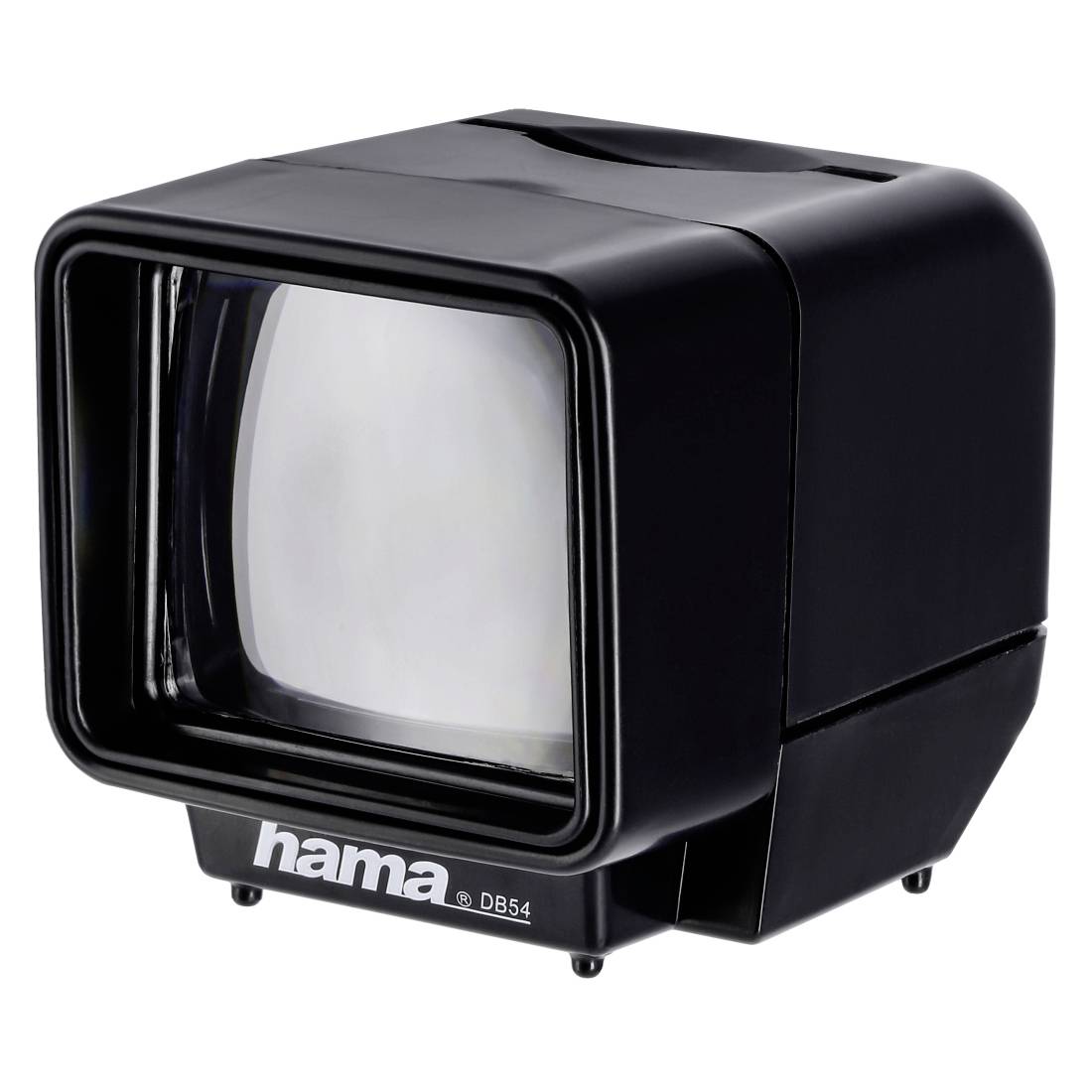 Schwarzer Hama DB54 CRT-Fernseher oder Monitor auf weißem Hintergrund, von vorne links gezeigt.