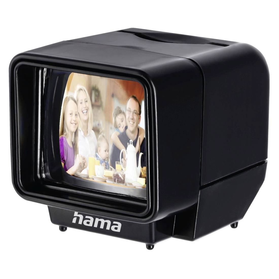 Schwarzer Hama Fernseh-Stil Fotobetrachter mit kleinem Bildschirm, der ein Familienporträt zeigt.
