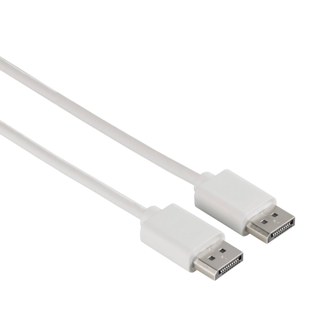 Zwei weiße DisplayPort-Kabel mit Metallsteckern auf weißem Hintergrund.