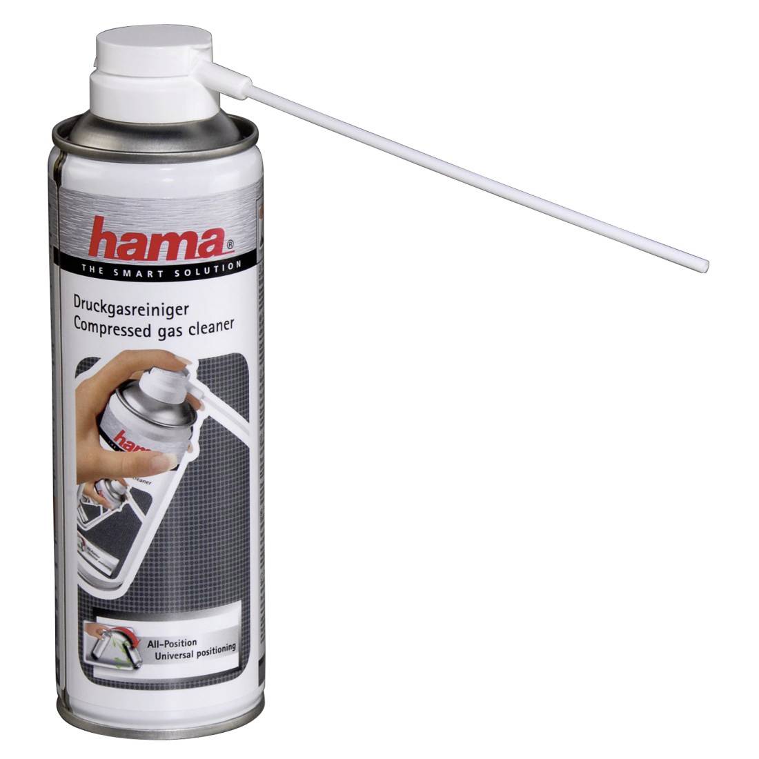 Eine Dose Hama-Drucklustreiniger mit einer langen weißen Sprühdüse, dargestellt auf weißem Hintergrund.