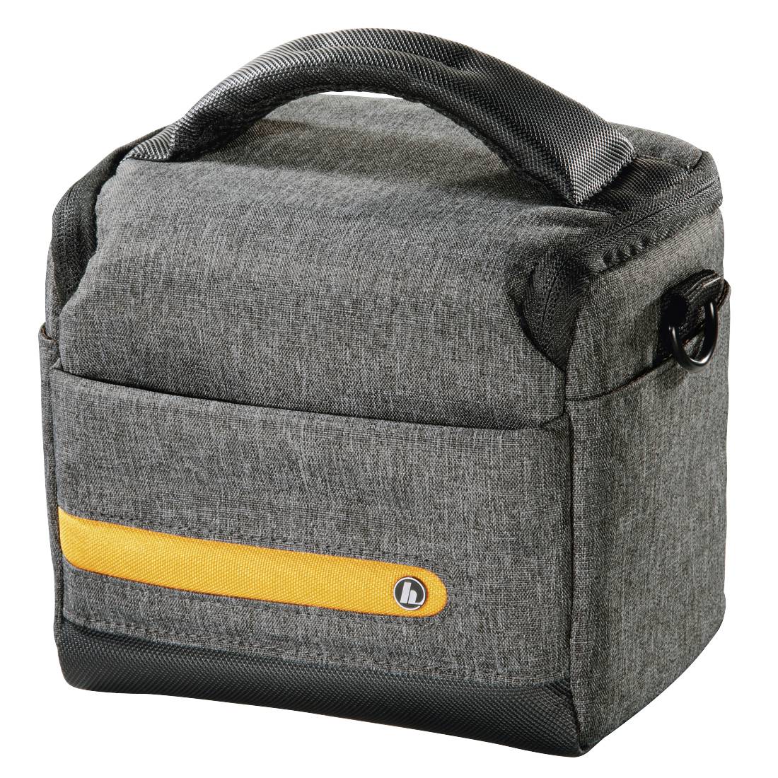 Graue isolierte Lunchbox mit schwarzer Einfassung, Griff an der Oberseite und gelbem Frontakzent auf weißem Hintergrund.