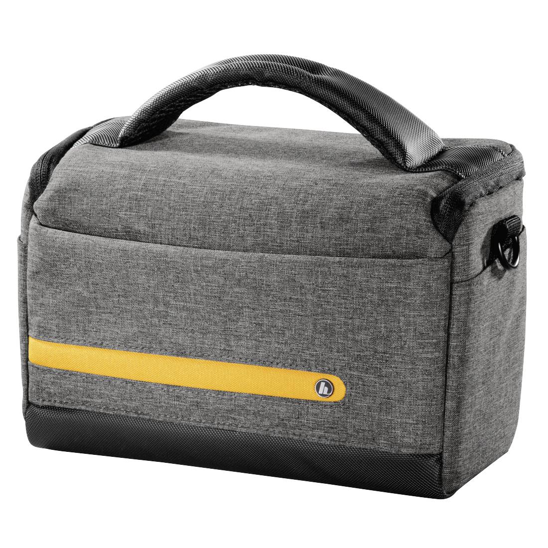 Graue isolierte Lunch-Tasche mit schwarzen Griffen, gelbem Frontstreifen und Reißverschlussseitentasche auf weißem Hintergrund.