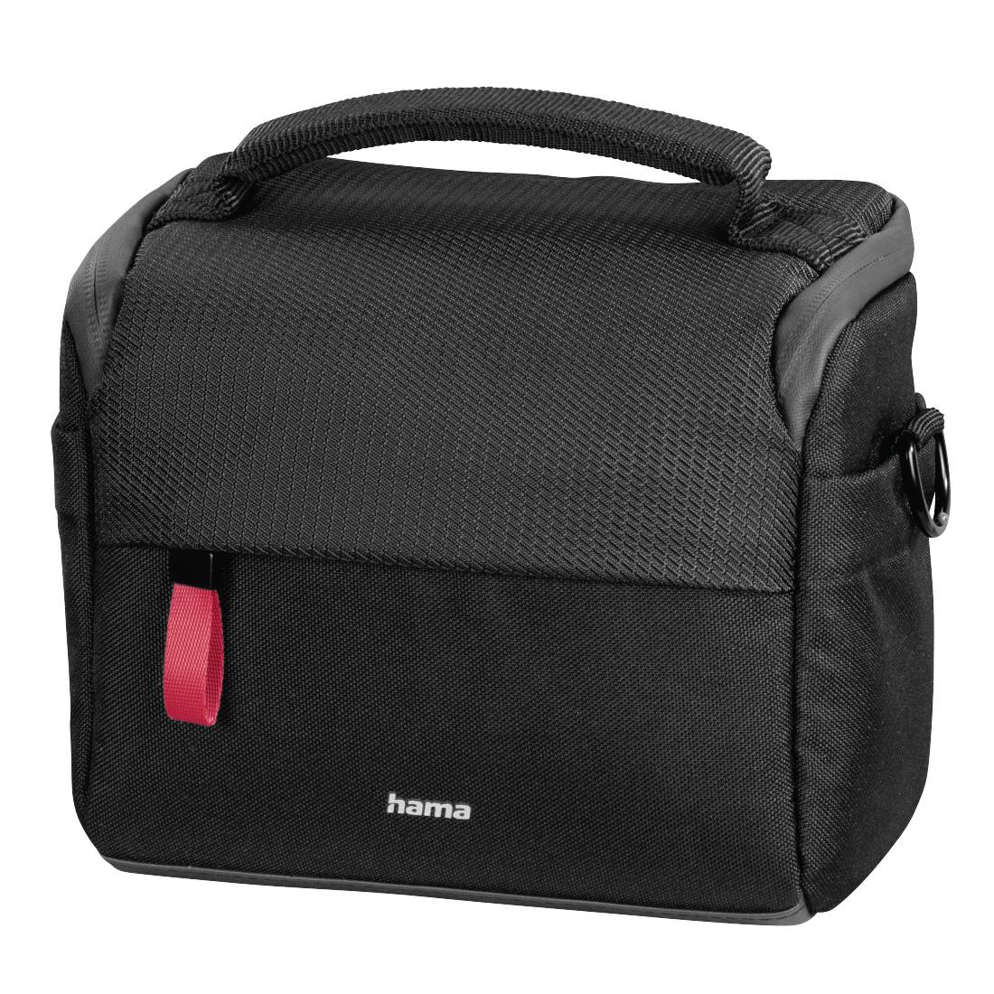 Schwarze Hama-Schutztasche mit Griff oben, Vordertasche und rotem Zuggriff, auf weißem Hintergrund dargestellt.