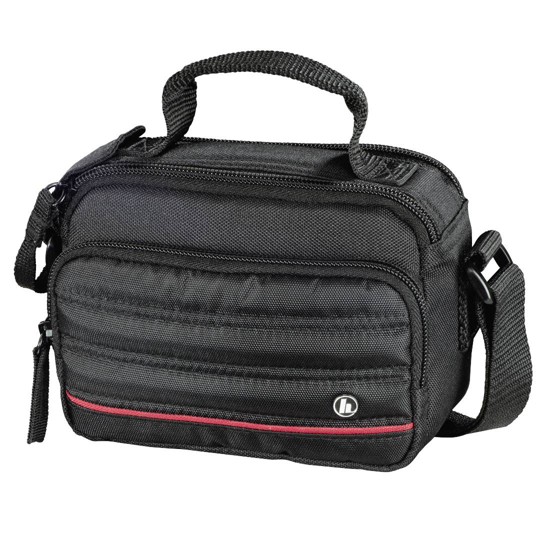 Schwarze Schultertasche mit Reißverschluss, oberer Griff, verstellbarem Riemen und rotem Akzentstreifen auf der Vorderseite.