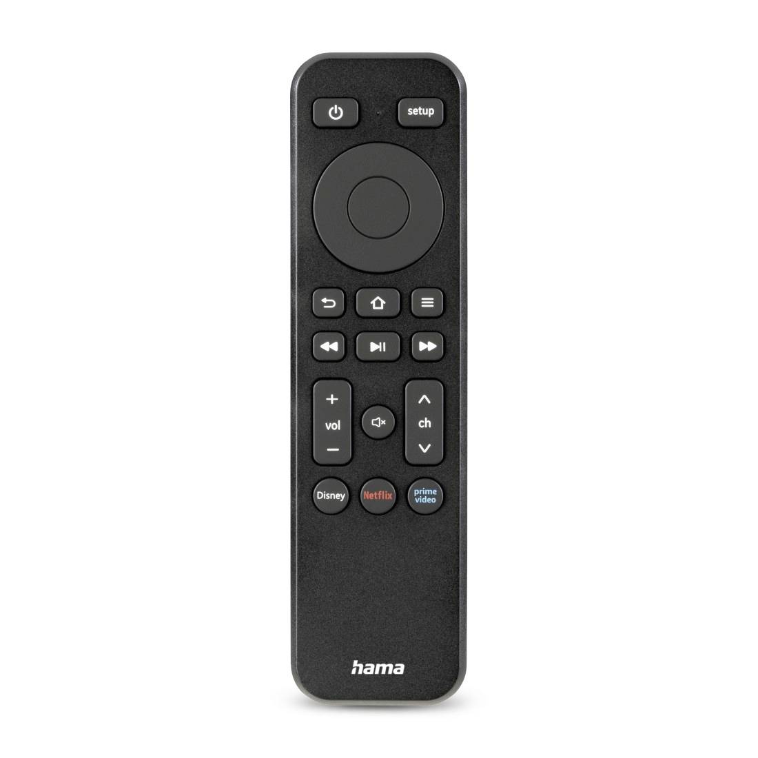Schwarze Hama TV-Fernbedienung mit Tasten für Stromversorgung, Einrichtung, Navigation, Wiedergabe, Lautstärke, Kanal und Streaming-Dienste.
