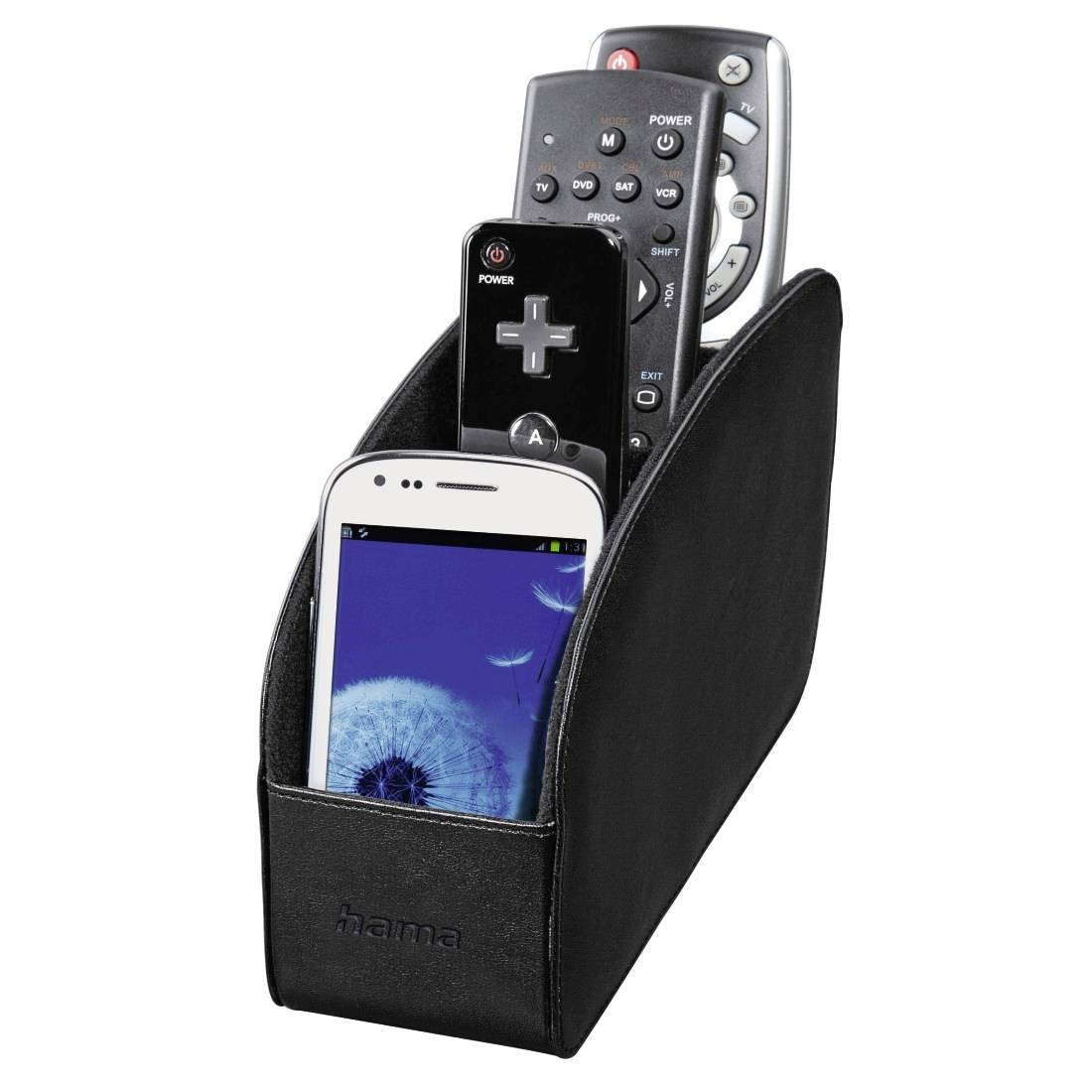 Schwarzer Organizer-Halter zur Aufbewahrung eines Smartphones und zwei Fernbedienungen auf weißem Hintergrund.