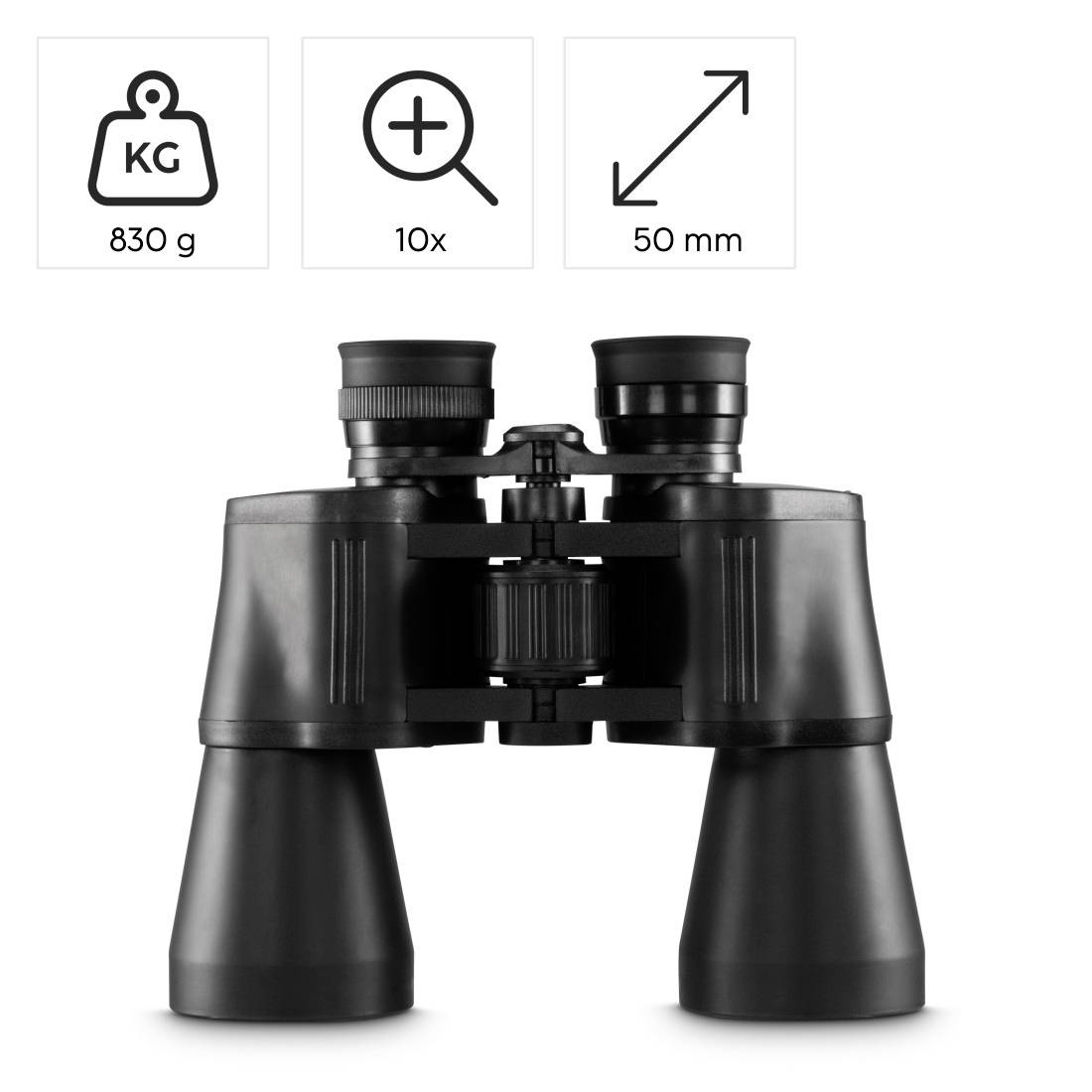 Schwarze Ferngläser Produktbild mit Symbolen, die ein Gewicht von 830 g, eine 10-fache Vergrößerung und einen Objektivdurchmesser von 50 mm anzeigen.