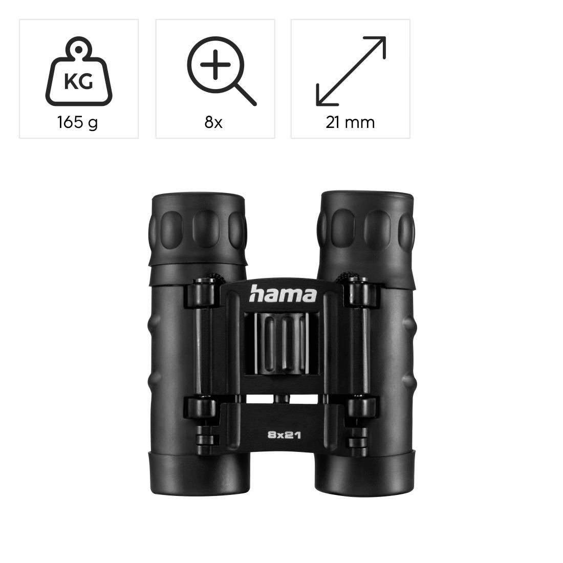 Produktabbildung von schwarzem Hama-Fernglas mit der Bezeichnung 8x21, das ein Gewicht von 165 g und Abmessungen von 21 mm zeigt.