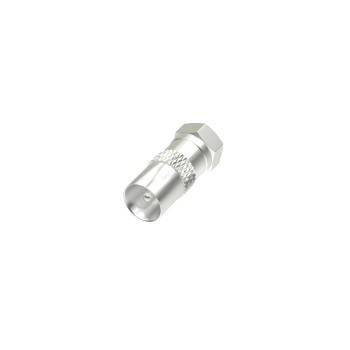 Silberner koaxialer Kabelstecker-Adapter mit Sechskantmutter und gerilltem Griff, isoliert auf weißem Hintergrund dargestellt.