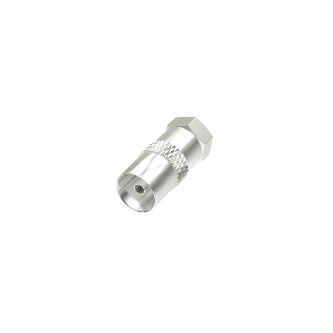 Silber-Koaxialkabelstecker-Adapter auf einfachem weißem Hintergrund, in schräger Ansicht gezeigt.