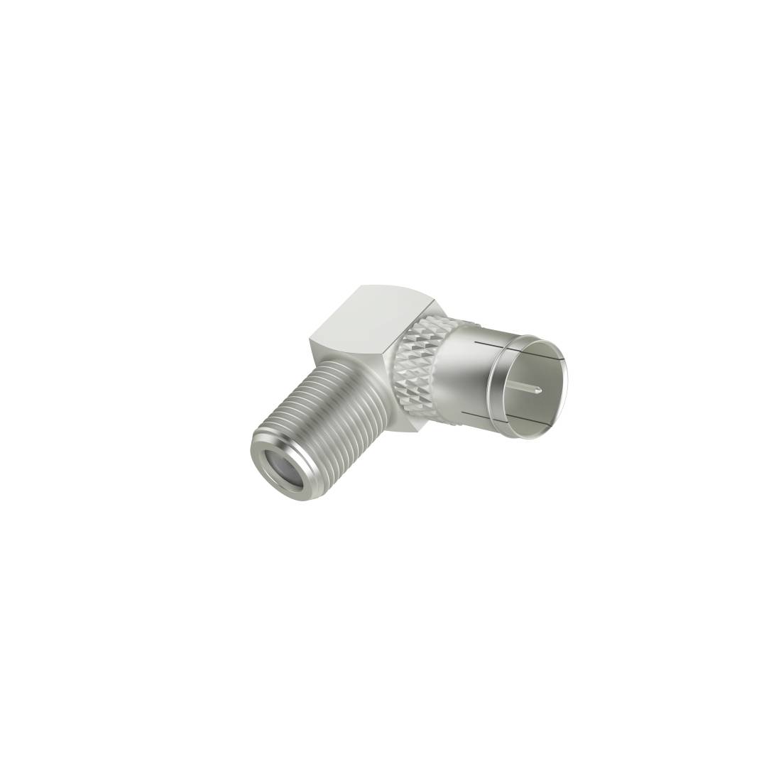 Silberner koaxialer Kabeladapter mit einem Gewindestecker auf der einen Seite und einer Buchse auf der anderen Seite.