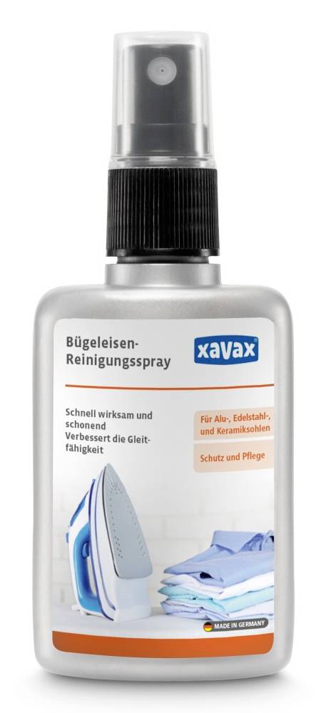 Flasche Xavax 'Bügeleisen Reinigungsspray' Bügeleisen-Reinigungsspray, gekennzeichnet für Aluminium-, Edelstahl- und Keramikbügelsohlen; schützt und pflegt Bügeleisen.