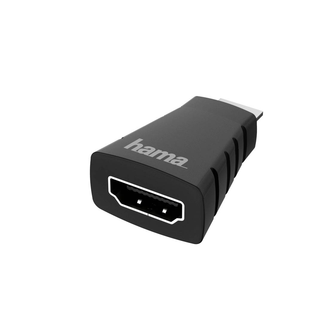 Schwarzer Hama-Adapter mit HDMI-Buchse und USB-C-Stecker auf weißem Hintergrund.