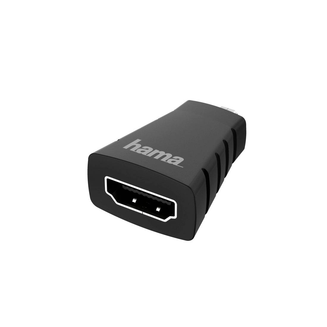 Schwarzer Hama HDMI-Adapter mit weiblichem HDMI-Anschluss auf weißem Hintergrund dargestellt.