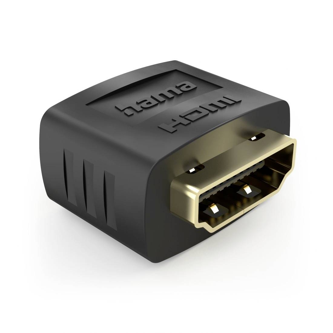 Schwarzer HDMI-Steckeradapter in Nahaufnahme, mit sichtbaren HDMI-Beschriftungen auf dem Gehäuse.