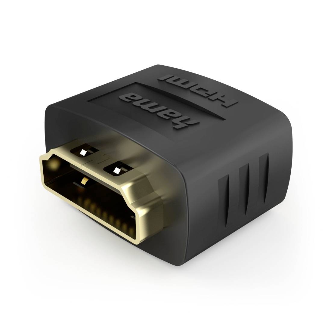 Nahaufnahme eines schwarzen HDMI-Buchse-Adapteranschlusses mit vergoldeter Anschlussöffnung auf weißem Hintergrund.