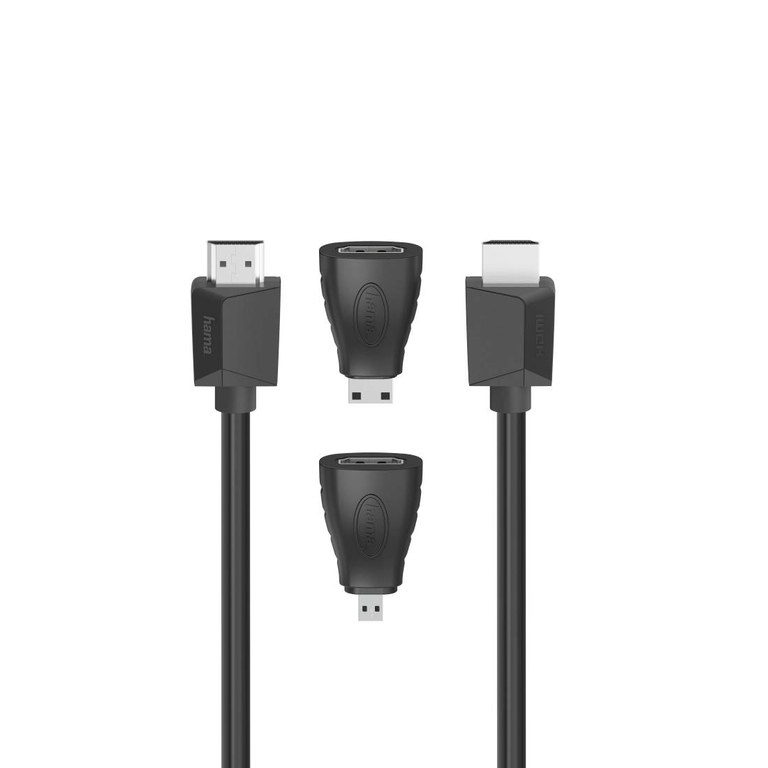 Drei schwarze HDMI-Adapter/Kabel auf weißem Hintergrund gezeigt, mit zwei rechtwinkligen männlichen Steckern auf der linken und rechten Seite und zwei geraden HDMI-zu-männlichen Adaptern in der Mitte.