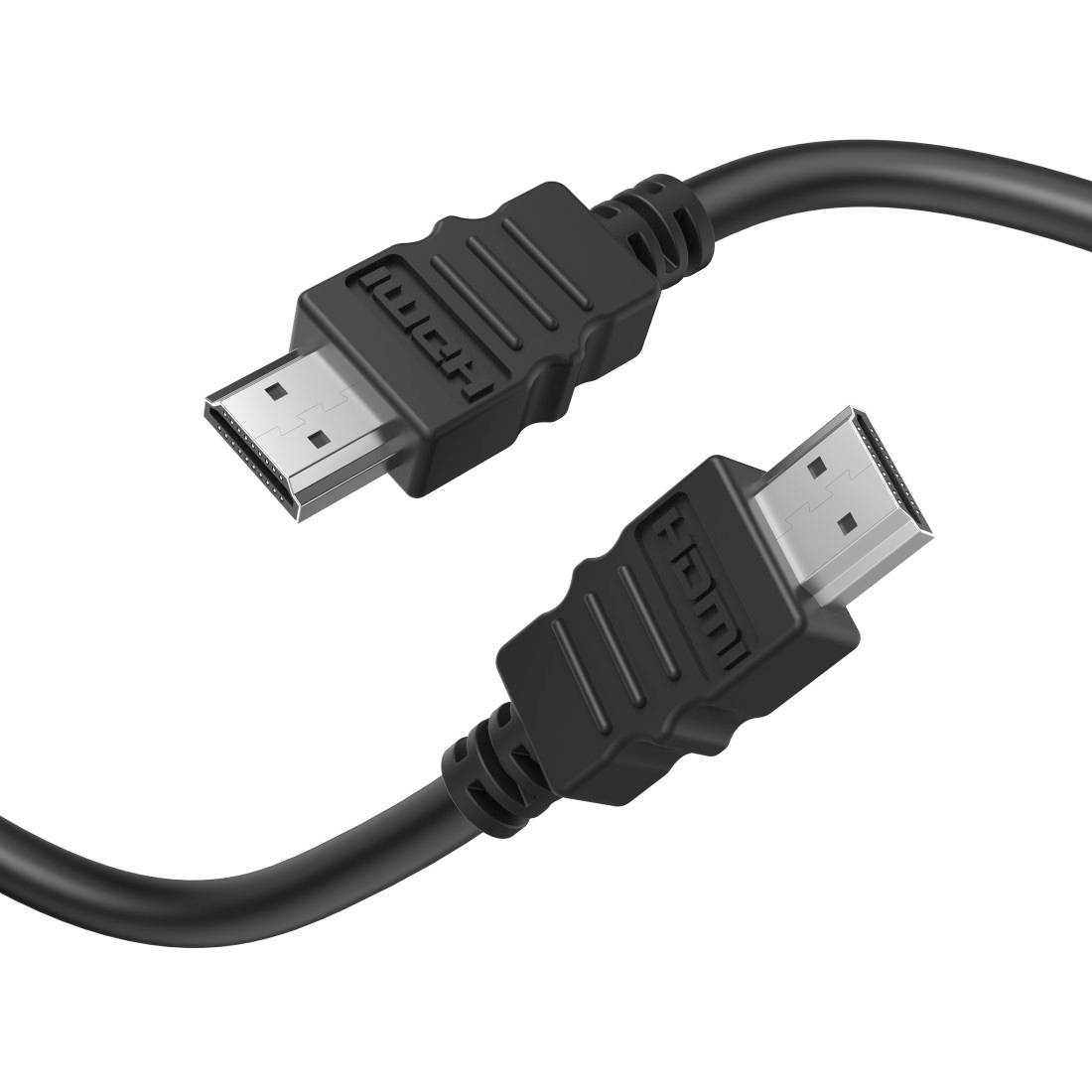 Zwei schwarze HDMI-Steckverbinder auf weißem Hintergrund, in Nahaufnahme gezeigt.
