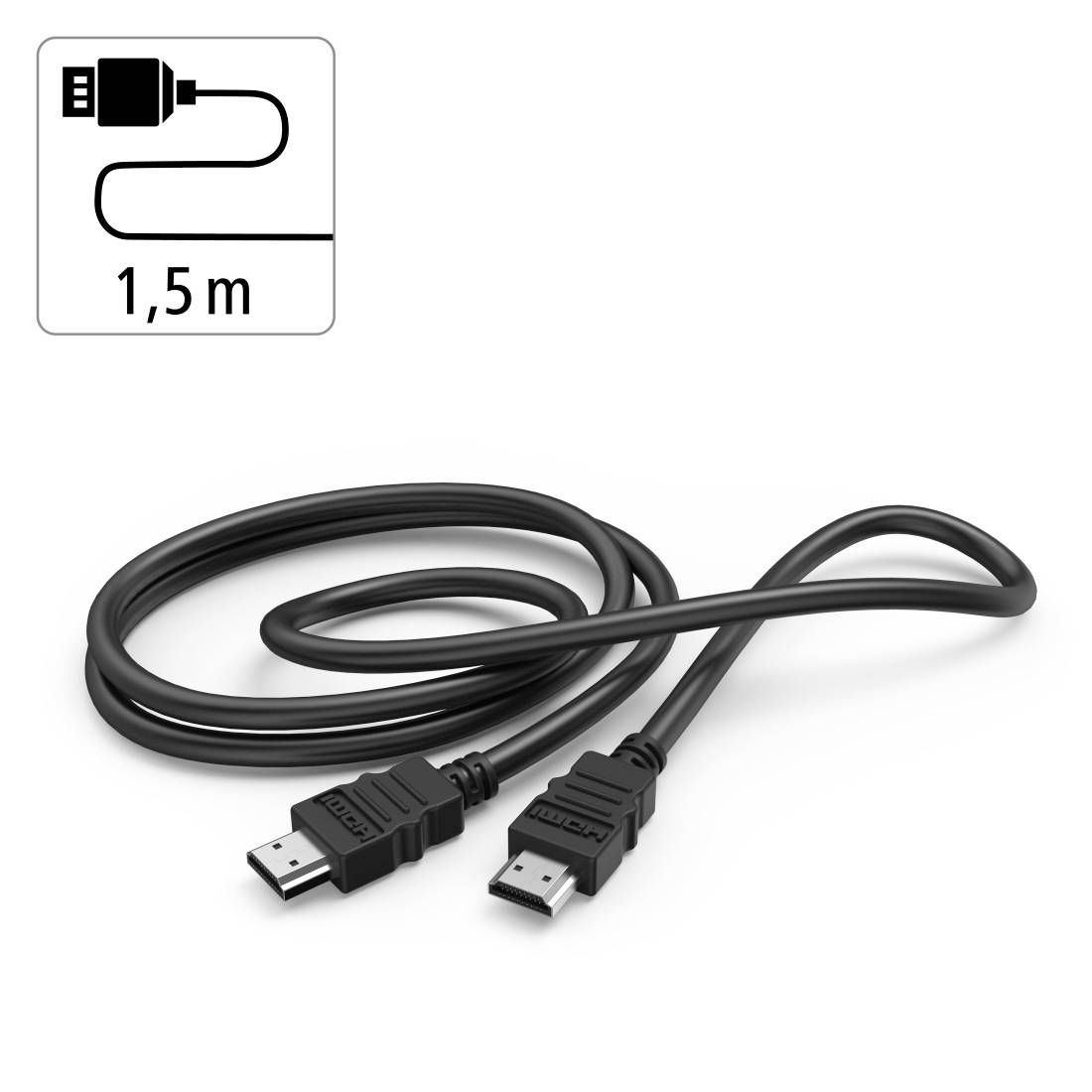 Schwarzes 1,5 m USB-Kabel mit männlichen Steckern, das auf weißem Hintergrund aufgewickelt dargestellt ist, mit der Beschriftung 