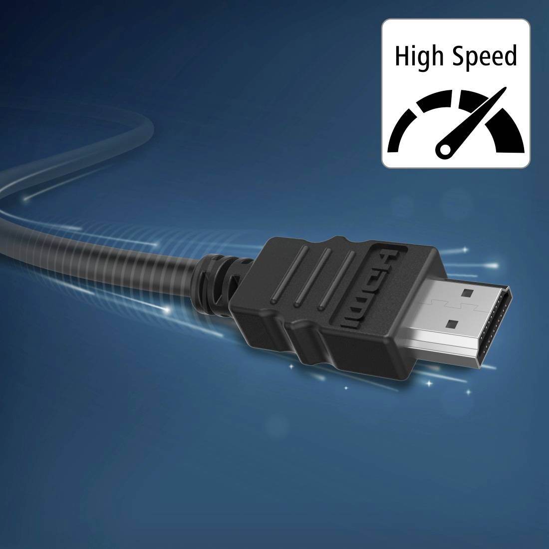 Nahaufnahme eines High-Speed-HDMI-Kabels und -Steckers mit einer Beschriftung 